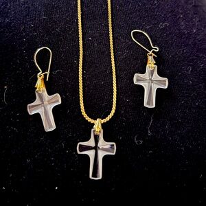 Vintage Faceted clear frosted crystal cross necklace and earrings set